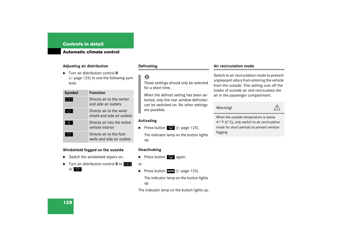 Defrosting;automatic climate control:defrosting, Defrosting air recirculation mode | Mercedes-Benz 2003 M-Class User Manual | Page 128 / 321