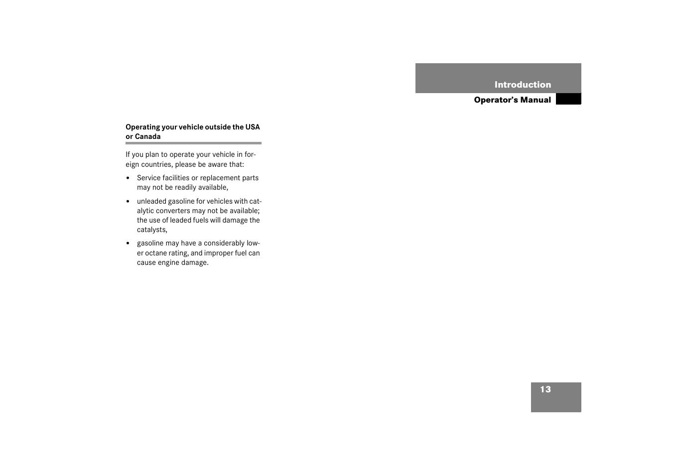 Operating:vehicle outside the usa and canada, Operating your vehicle outside the usa or canada | Mercedes-Benz 2003 M-Class User Manual | Page 13 / 321