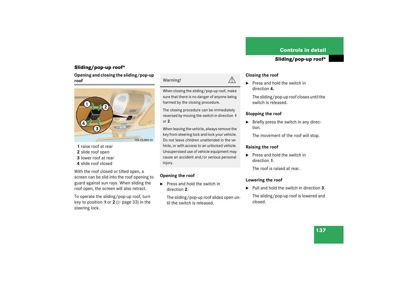 Sliding/pop-up roof, Cleaning and care of the vehicle | Mercedes-Benz 2003 M-Class User Manual | Page 137 / 321