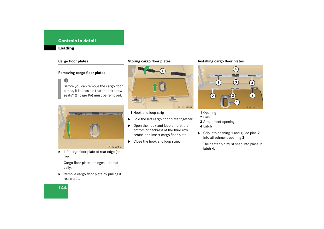 Cargo floor plates;loading:cargo floor plates, Cargo floor plates | Mercedes-Benz 2003 M-Class User Manual | Page 144 / 321