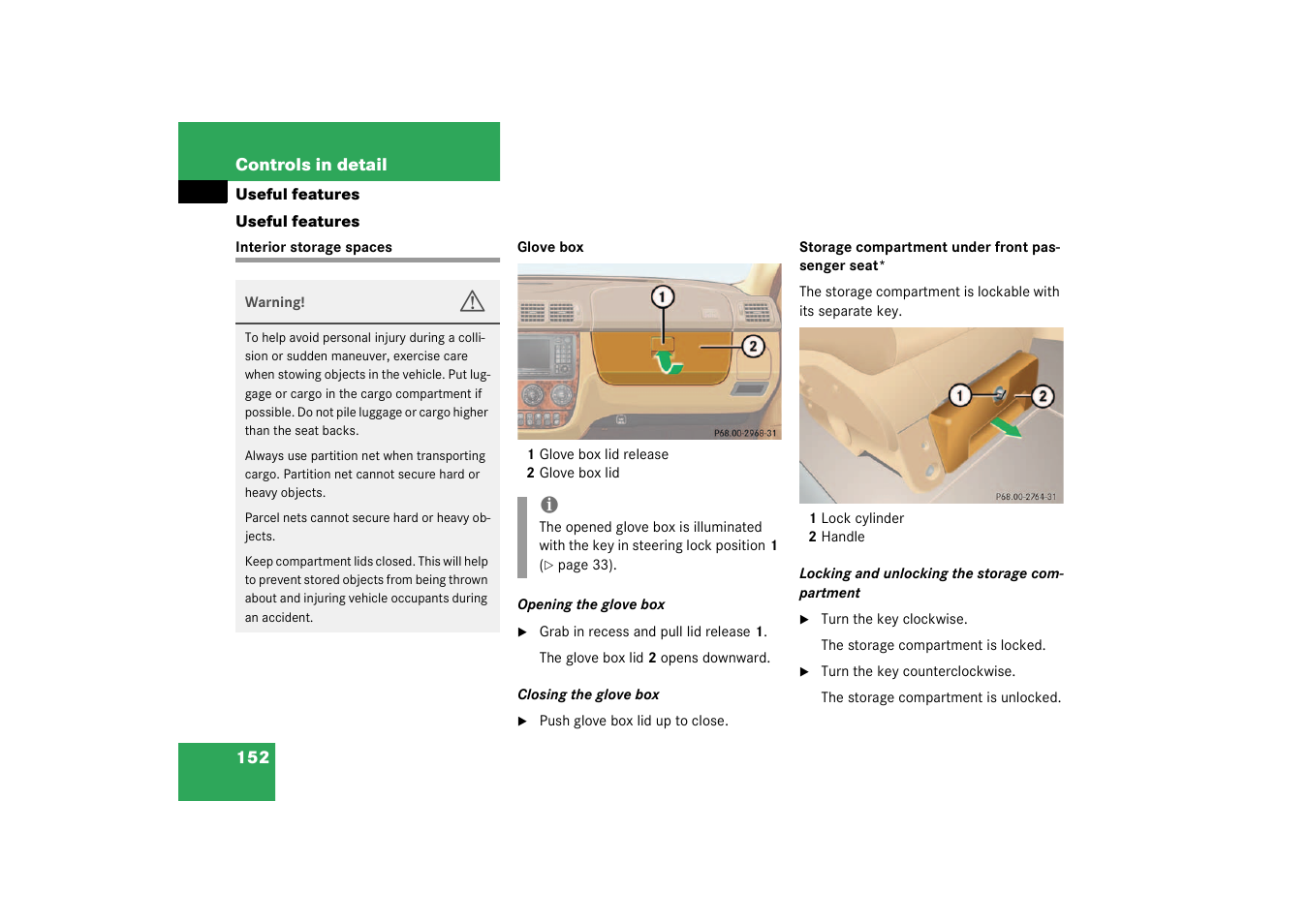 Useful features, Interior storage spaces | Mercedes-Benz 2003 M-Class User Manual | Page 152 / 321