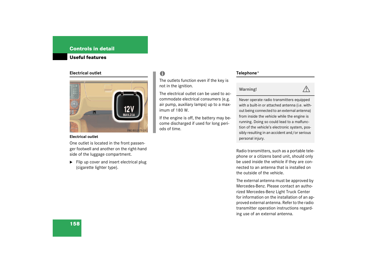 Telephone*;useful features:telephone, Electrical outlet telephone | Mercedes-Benz 2003 M-Class User Manual | Page 158 / 321