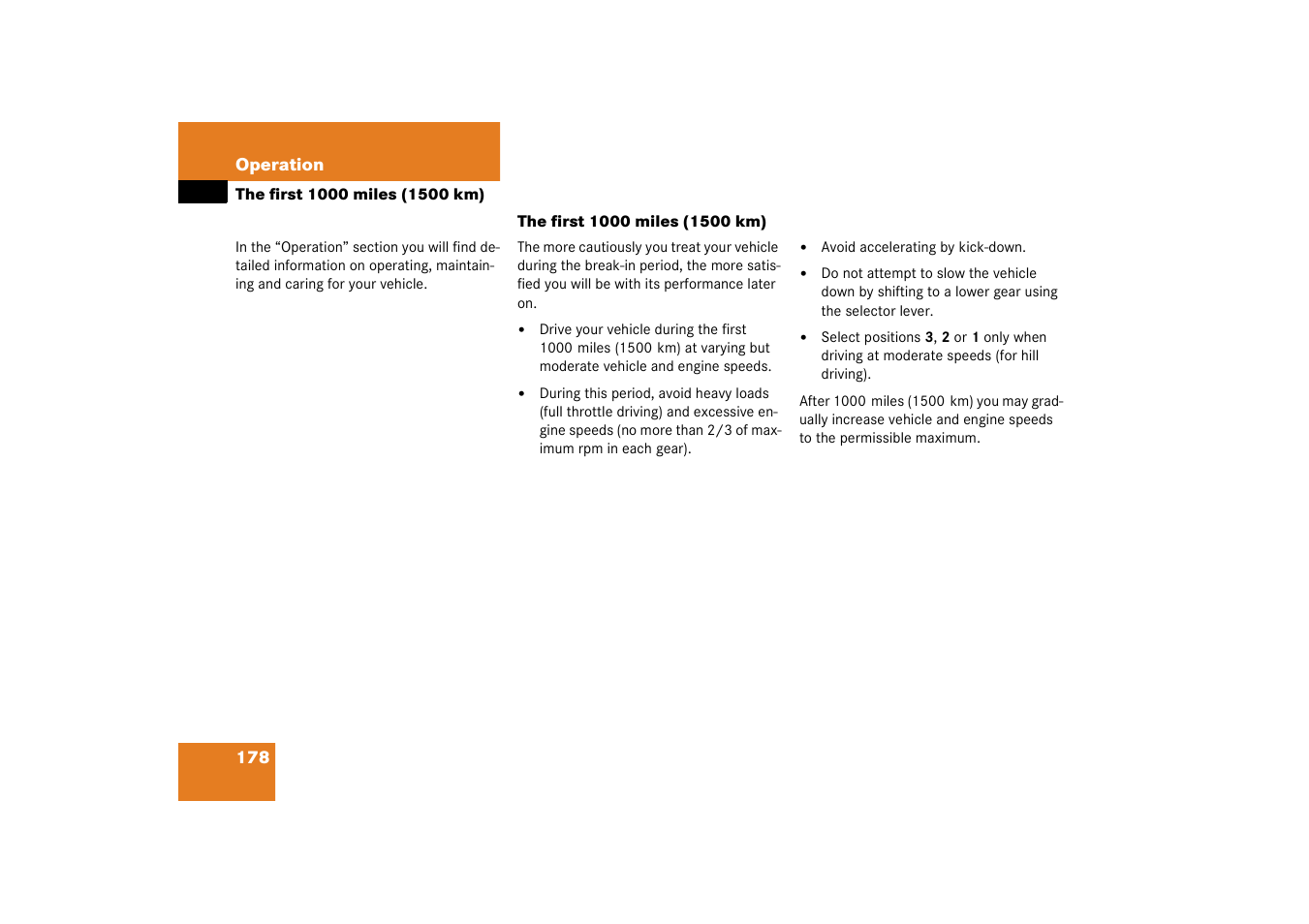 The first 1000 miles (1500 km) | Mercedes-Benz 2003 M-Class User Manual | Page 178 / 321