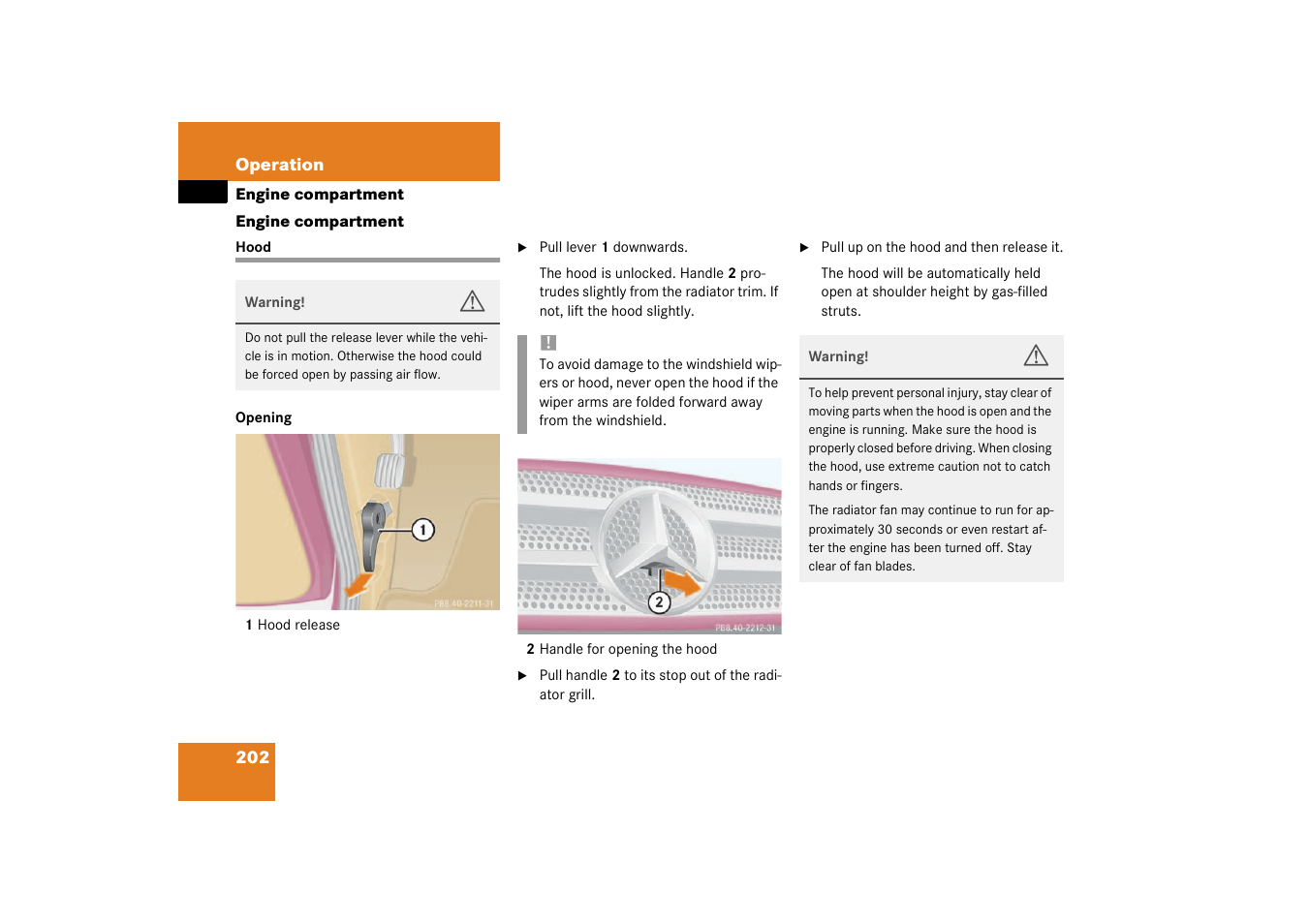 Engine:compartment, Hood;engine compartment:hood;hood:opening, Engine compartment | Hood | Mercedes-Benz 2003 M-Class User Manual | Page 202 / 321