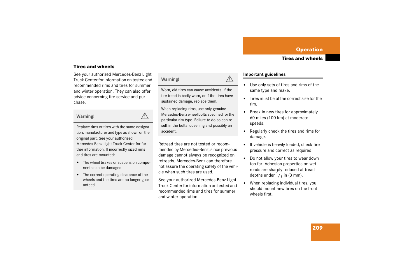 Tires;wheels:tires and wheels, Important guidelines, Tires and wheels | Mercedes-Benz 2003 M-Class User Manual | Page 209 / 321