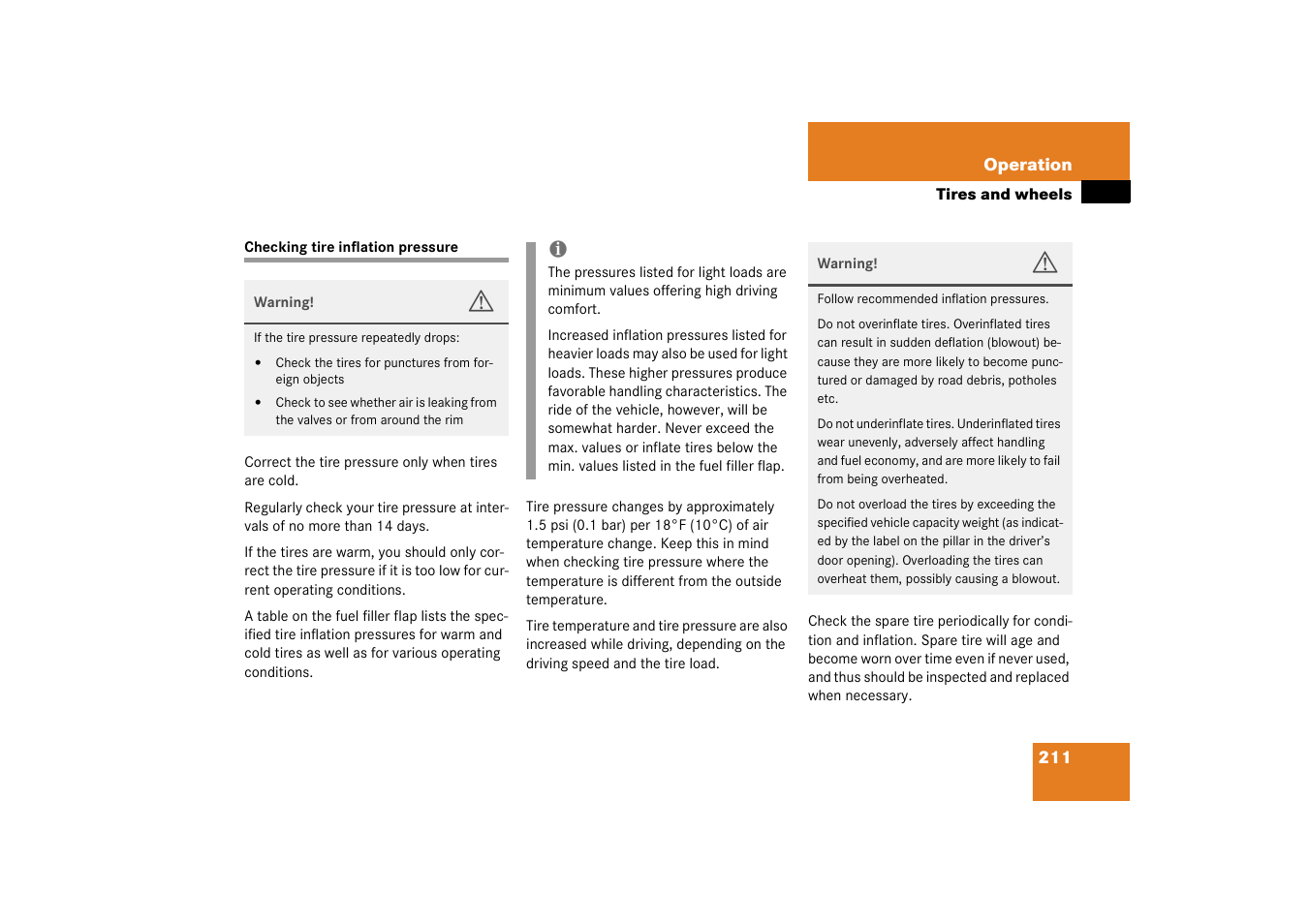 Checking tire inflation pressure | Mercedes-Benz 2003 M-Class User Manual | Page 211 / 321