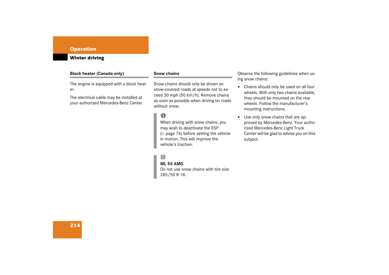 Block heater;winter driving:block heater, Snow chains;winter driving:snow chains, Block heater (canada only) snow chains | Mercedes-Benz 2003 M-Class User Manual | Page 214 / 321