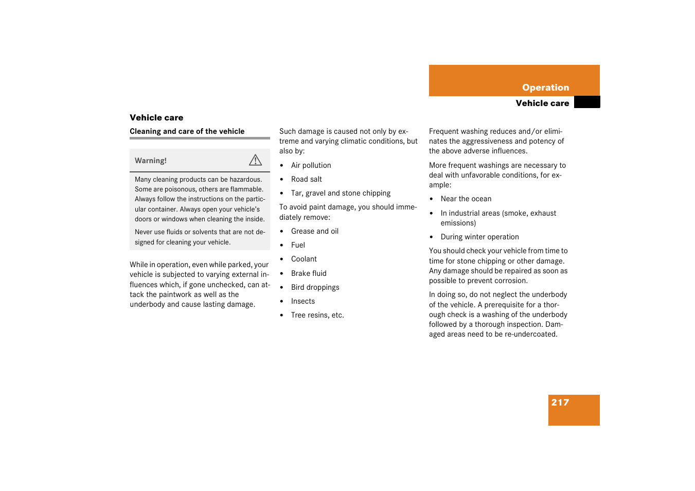 Washing the vehicle, Vehicle care, Gasoline additives coolants | Mercedes-Benz 2003 M-Class User Manual | Page 217 / 321