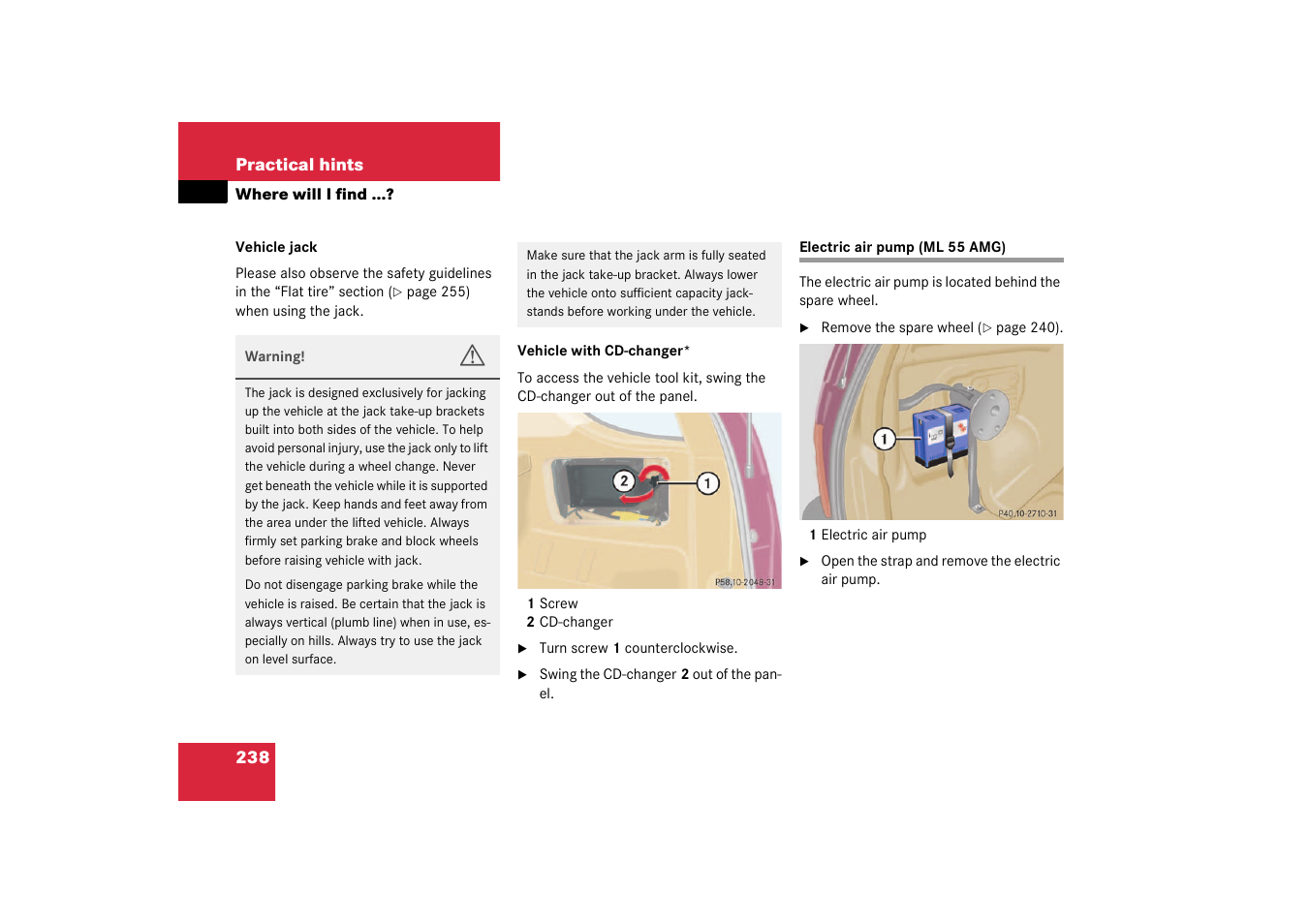 Electric air pump; air pump, Electric air pump (ml 55 amg) | Mercedes-Benz 2003 M-Class User Manual | Page 238 / 321