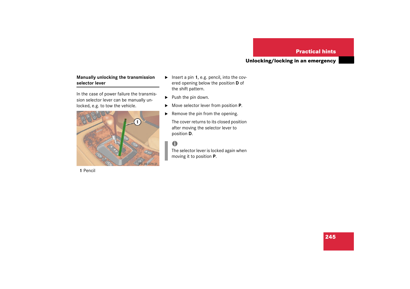 Manually unlocking the transmission selector lever | Mercedes-Benz 2003 M-Class User Manual | Page 245 / 321