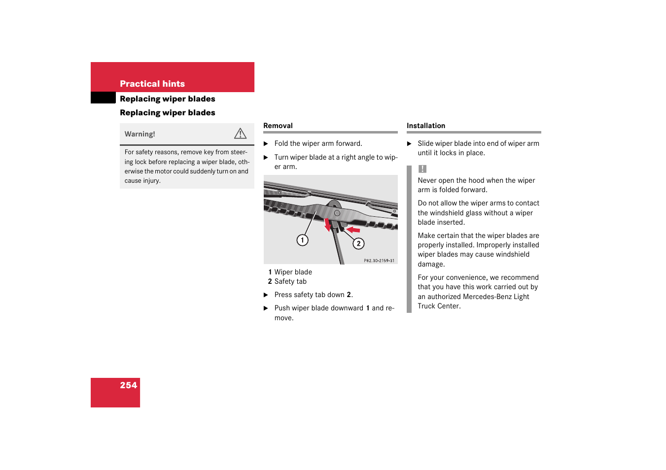 Wiper blades:removing;removing:wiper blades, Wiper blades:installing;installing:wiper blades, Replacing wiper blades | Removal installation | Mercedes-Benz 2003 M-Class User Manual | Page 254 / 321