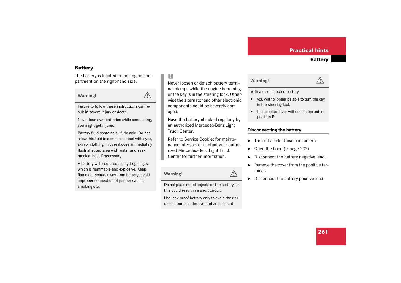 Battery, Disconnecting the battery | Mercedes-Benz 2003 M-Class User Manual | Page 261 / 321