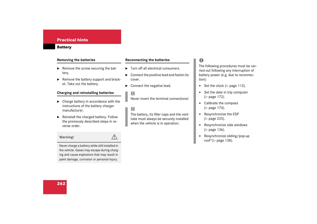 Battery, vehicle:removing;removing:vehicle battery | Mercedes-Benz 2003 M-Class User Manual | Page 262 / 321