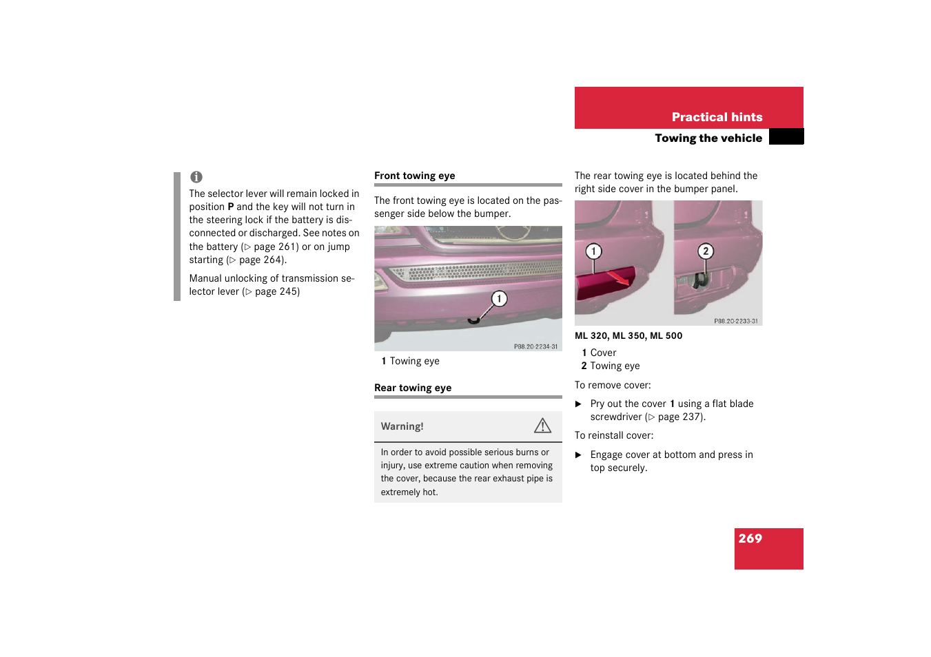 Front towing eyes;towing eyes:front, Rear towing eyes;towing eyes:rear, Front towing eye rear towing eye | Mercedes-Benz 2003 M-Class User Manual | Page 269 / 321