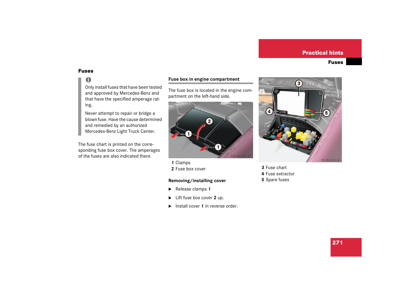 Fuses;electrical fuses;practical hints:fuses, Fuses, Fuse box in engine compartment | Mercedes-Benz 2003 M-Class User Manual | Page 271 / 321
