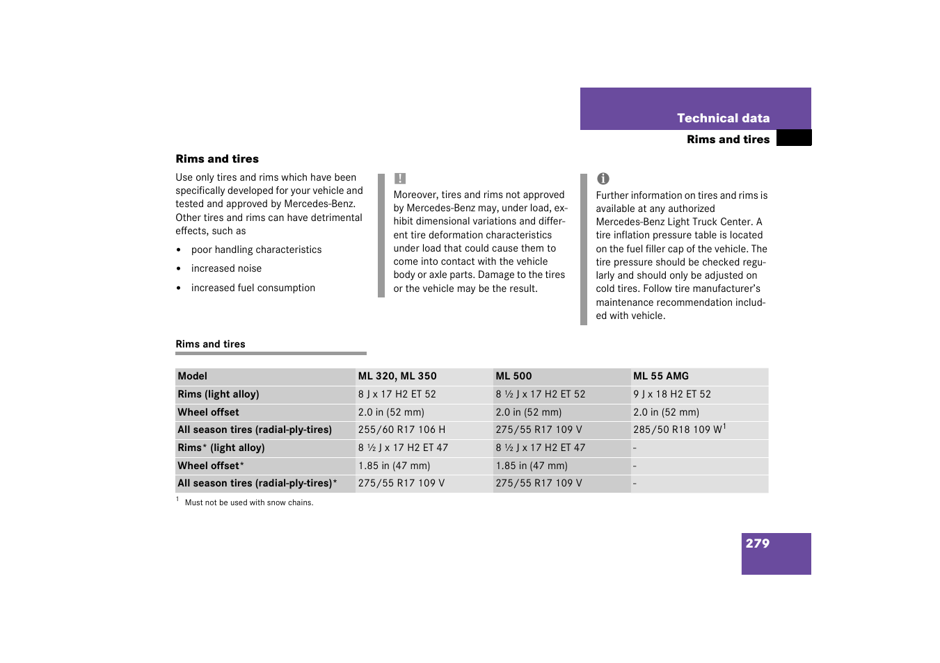 Rims and tires | Mercedes-Benz 2003 M-Class User Manual | Page 279 / 321