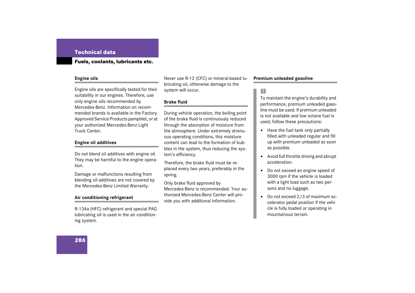 Engine oil;technical data:engine oil, Brake fluid;technical data:brake fluid, Tion | Mercedes-Benz 2003 M-Class User Manual | Page 286 / 321