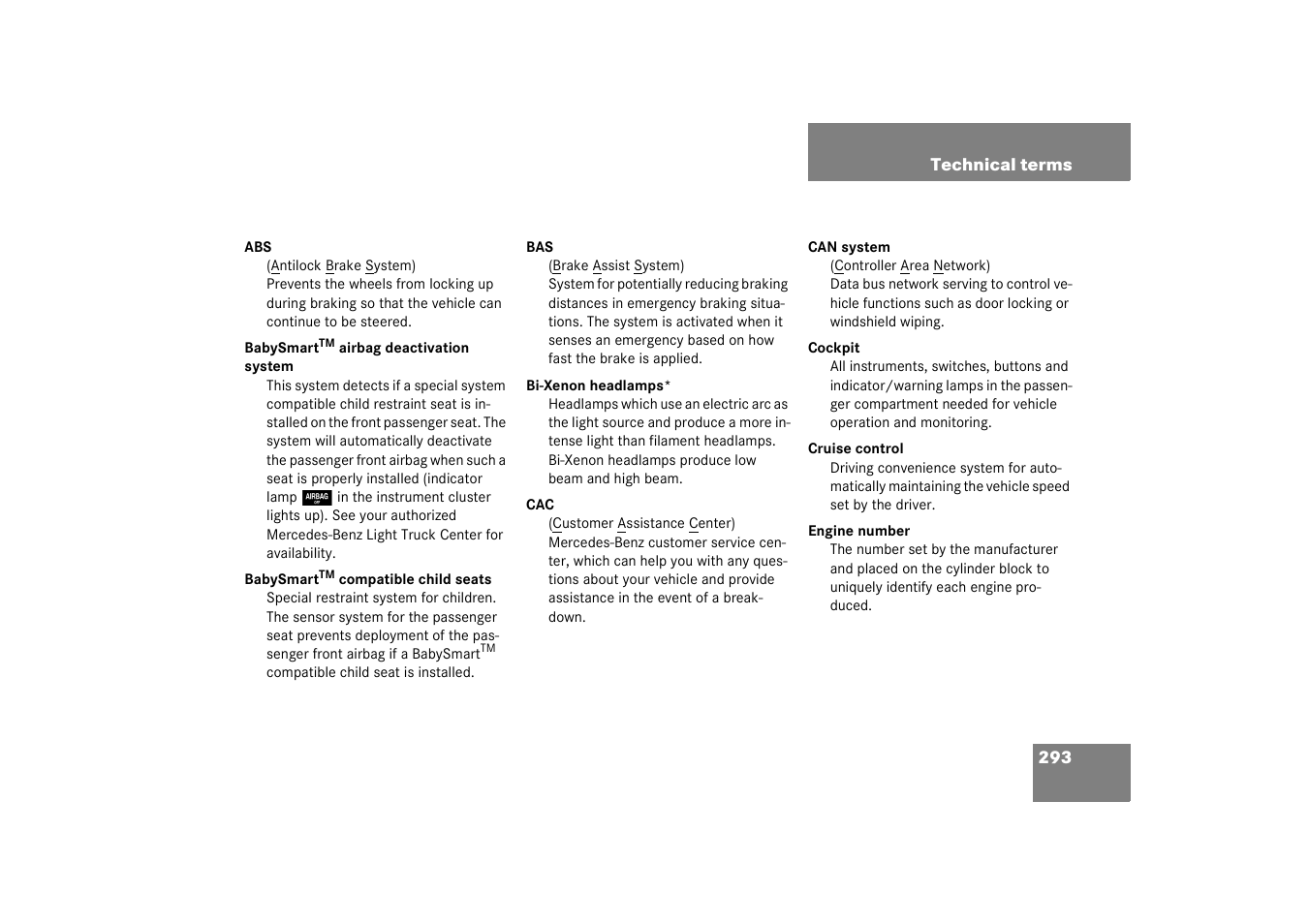 Technical terms | Mercedes-Benz 2003 M-Class User Manual | Page 293 / 321