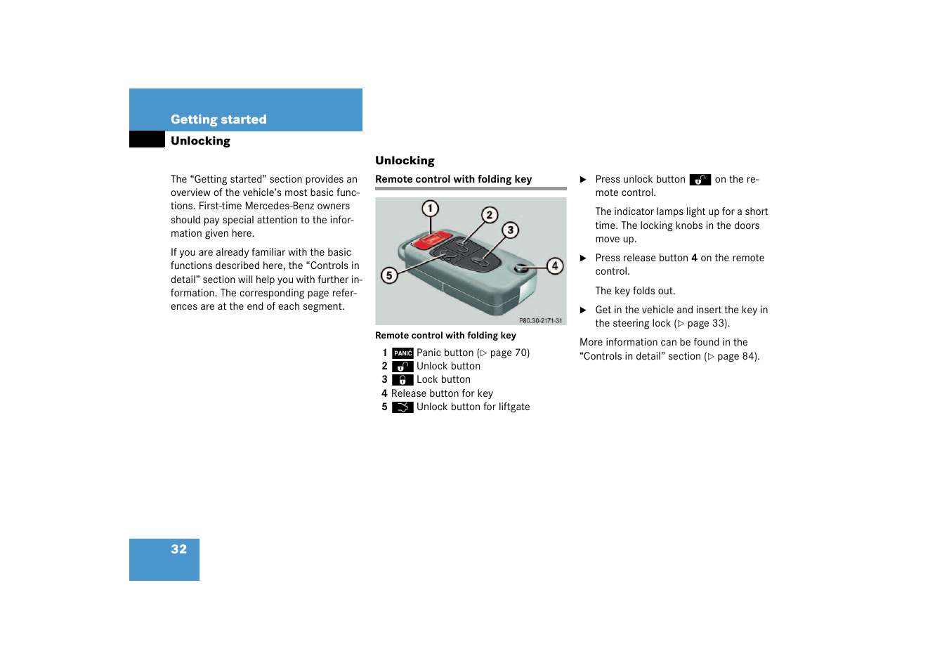 Unlocking, Remote control with folding key | Mercedes-Benz 2003 M-Class User Manual | Page 32 / 321