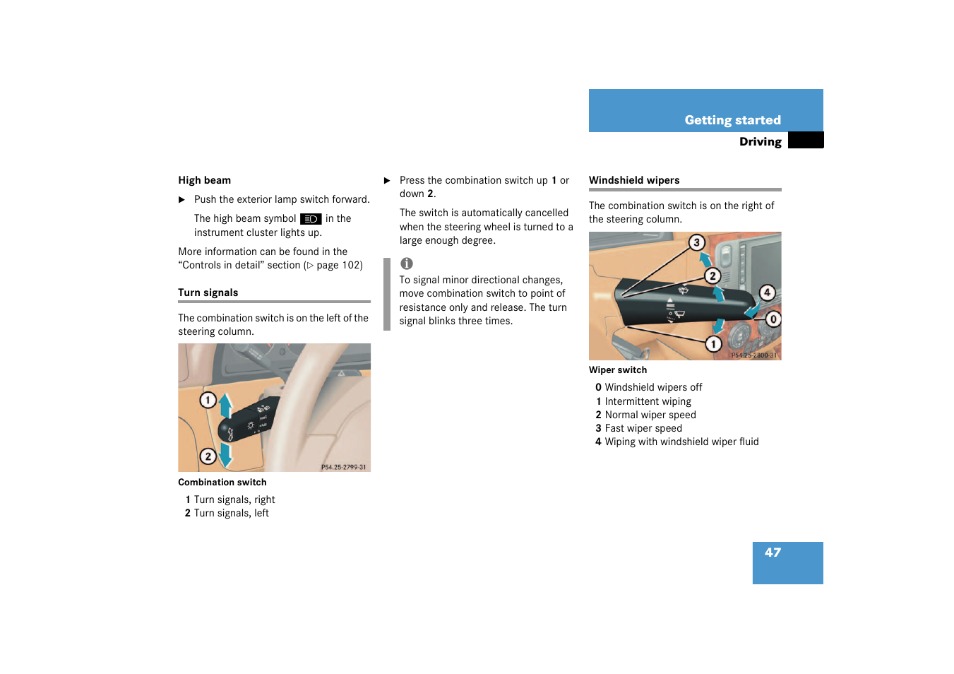 Turn signals;combination switch:turn signals, Windshield wipers | Mercedes-Benz 2003 M-Class User Manual | Page 47 / 321