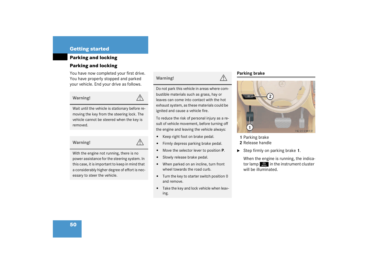 Parking and locking, Parking brake:engaging, Parking brake | Mercedes-Benz 2003 M-Class User Manual | Page 50 / 321