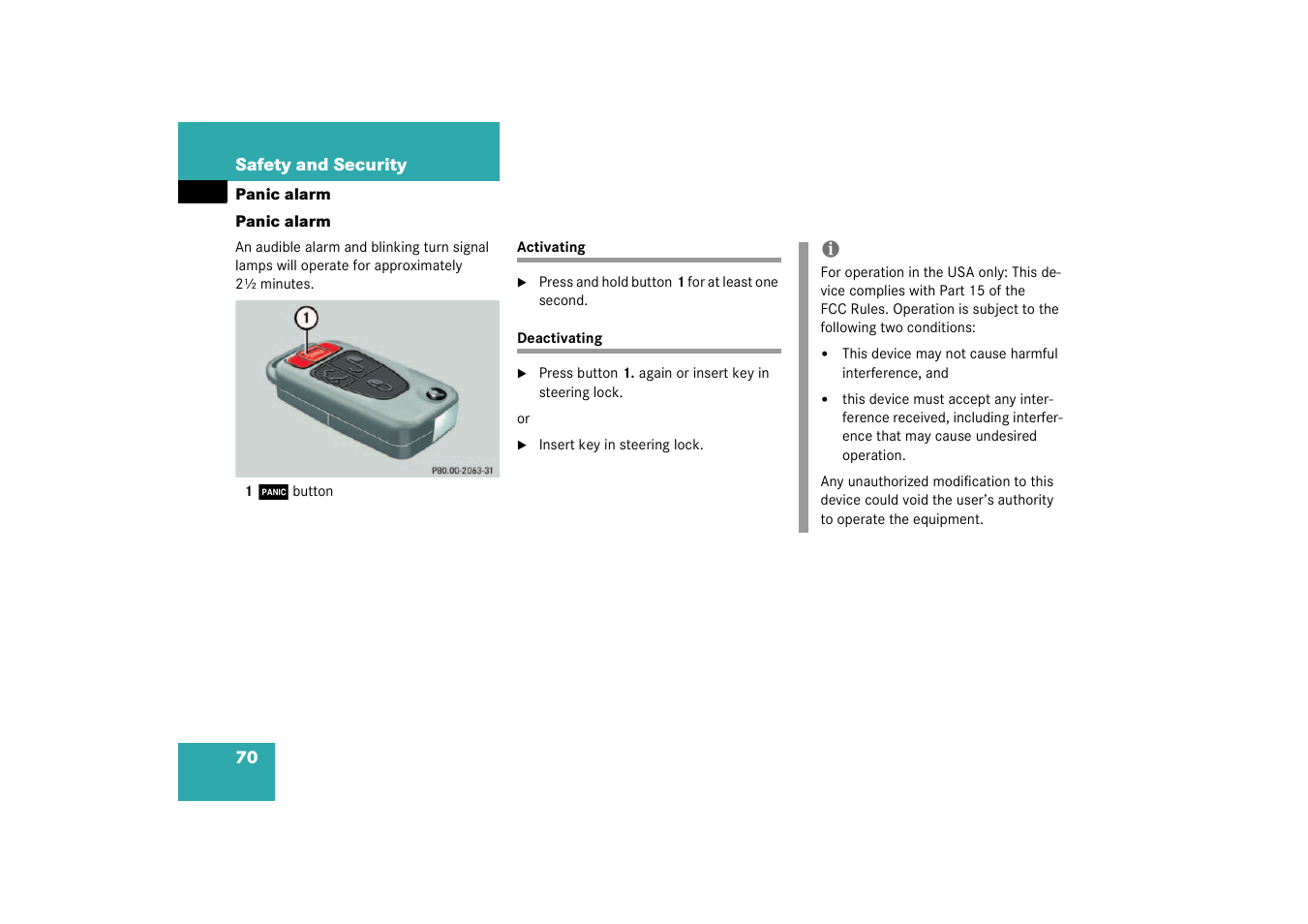 Activating, Deactivating, Panic alarm | Activating deactivating, Tton | Mercedes-Benz 2003 M-Class User Manual | Page 70 / 321