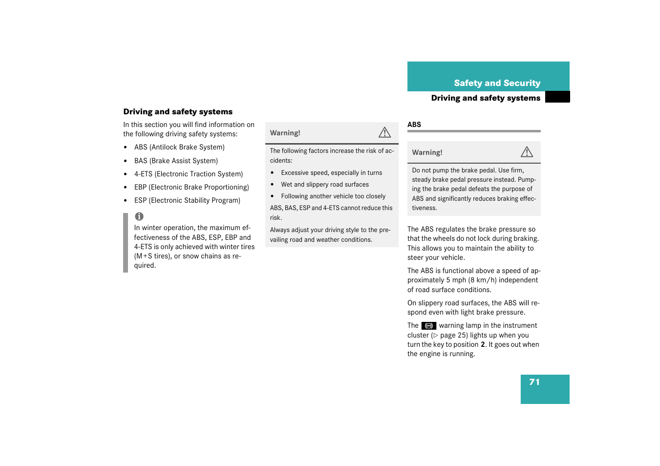 Driving safety systems:abs;abs, Driving and safety systems | Mercedes-Benz 2003 M-Class User Manual | Page 71 / 321