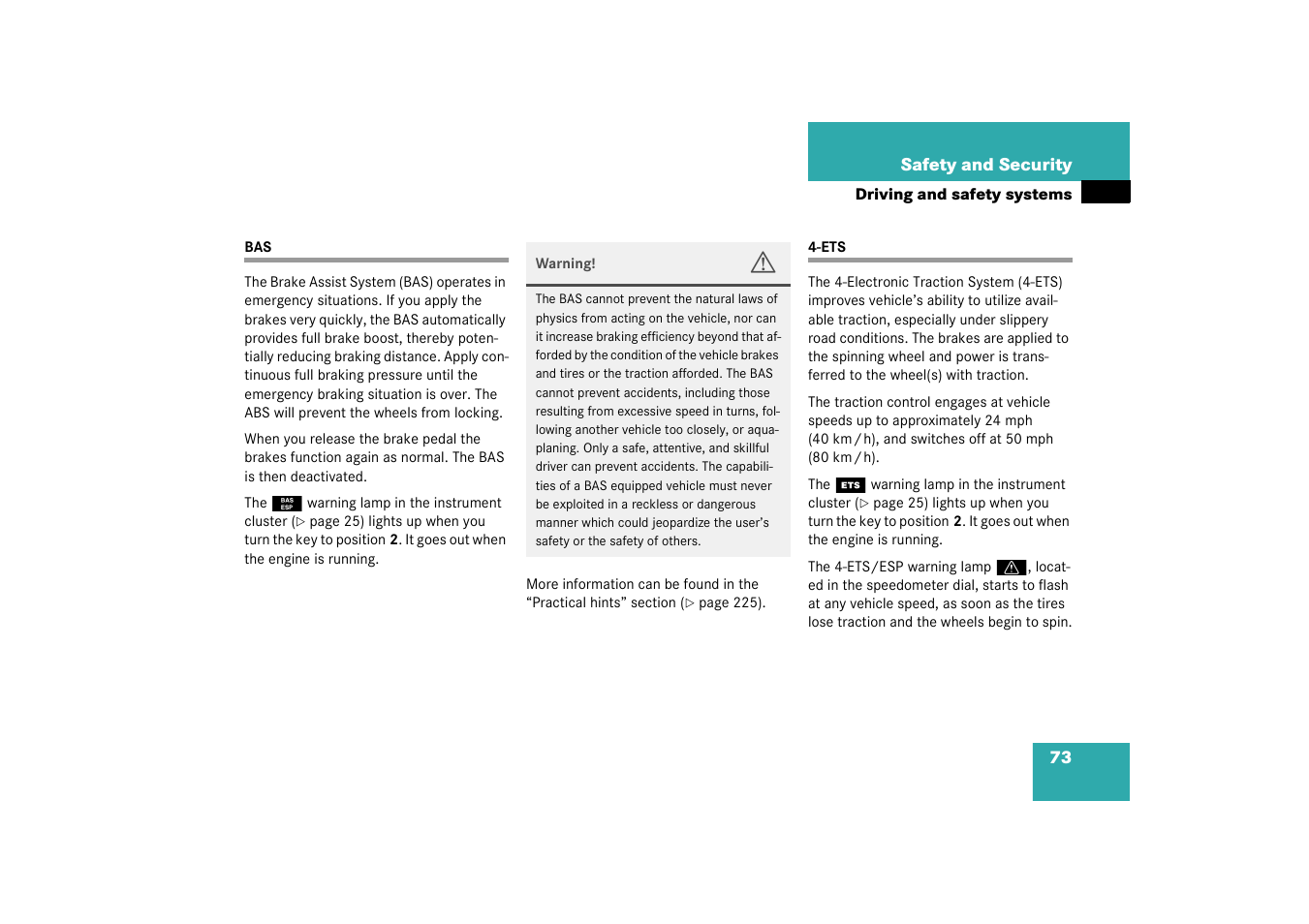 Driving safety systems:bas;bas, Bas 4-ets | Mercedes-Benz 2003 M-Class User Manual | Page 73 / 321