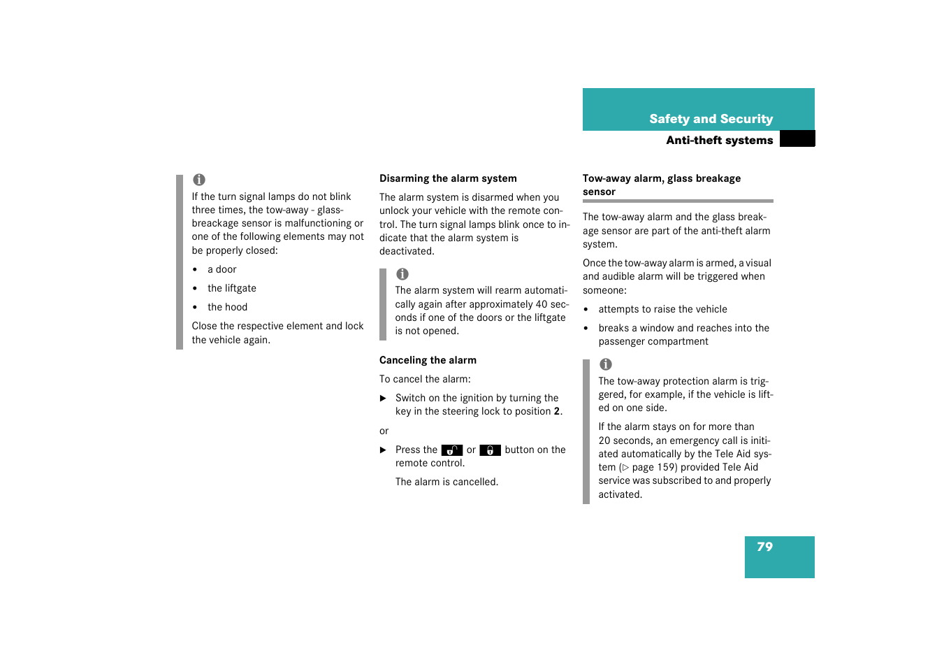 Tow-away alarm;glass breakage sensor, Tow-away alarm, glass breakage sensor | Mercedes-Benz 2003 M-Class User Manual | Page 79 / 321