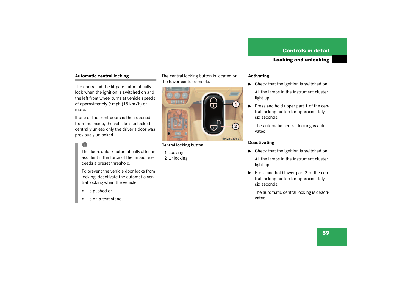 Automatic central locking | Mercedes-Benz 2003 M-Class User Manual | Page 89 / 321