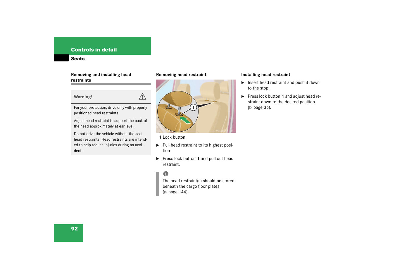 Removing and installing head restraints, Removing and installing head restraints | Mercedes-Benz 2003 M-Class User Manual | Page 92 / 321
