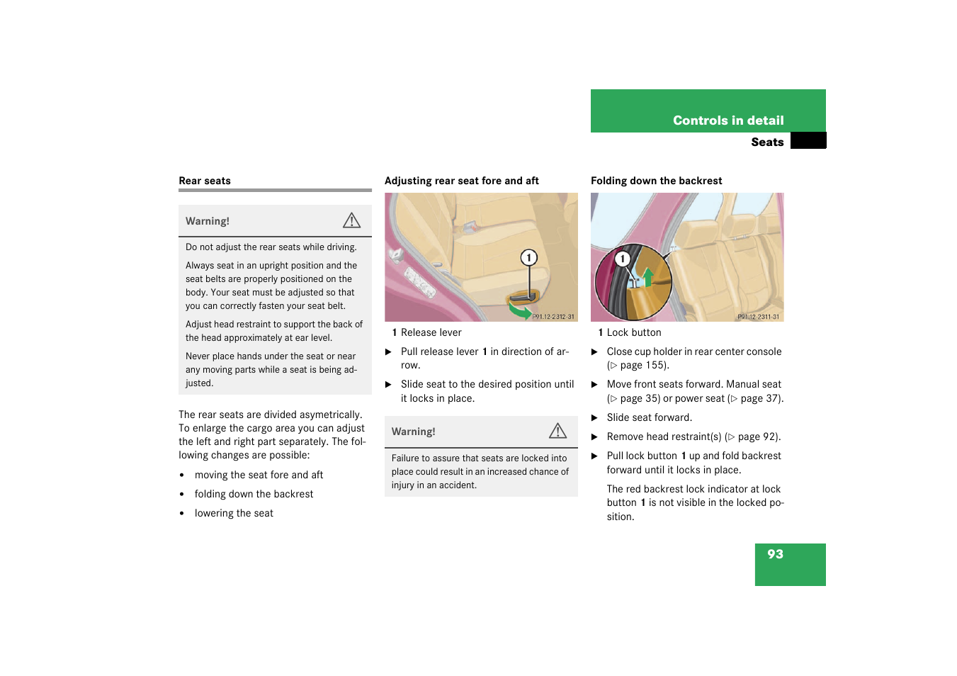 Rear seats;seats:rear, Rear seats | Mercedes-Benz 2003 M-Class User Manual | Page 93 / 321