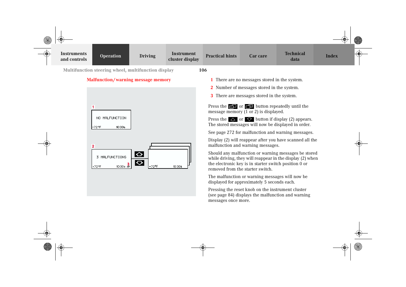 Malfunction/warning message memory, Malfunction/warning, Message memory | Mercedes-Benz 2002 G-Class User Manual | Page 109 / 385