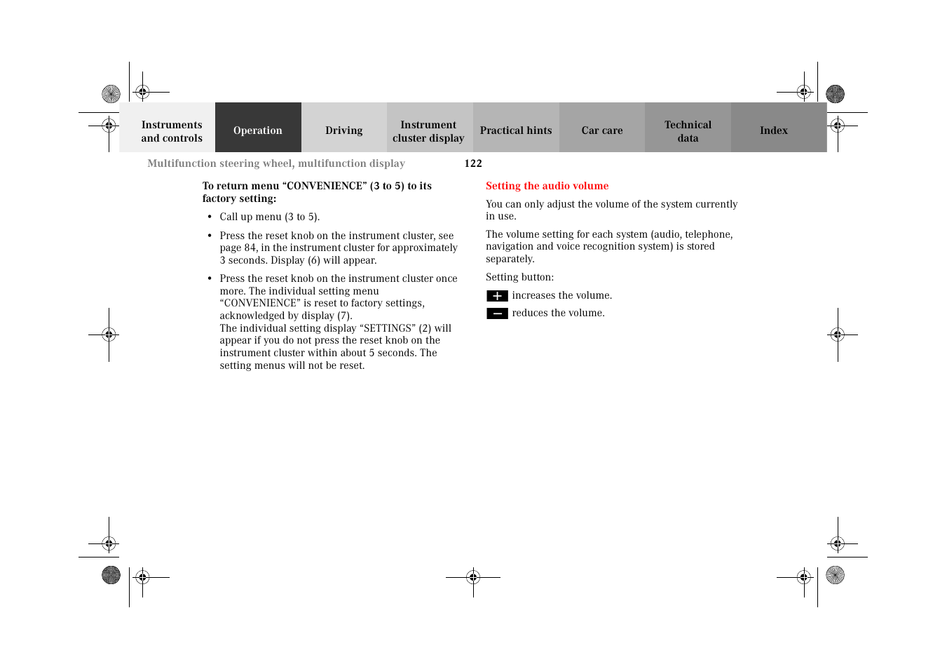 To return menu, Setting the audio volume | Mercedes-Benz 2002 G-Class User Manual | Page 125 / 385