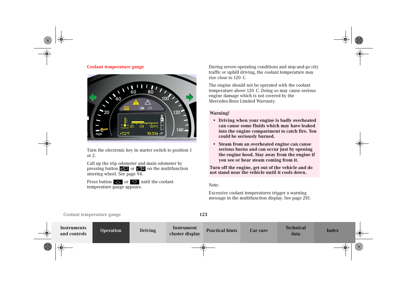 Coolant temperature gauge | Mercedes-Benz 2002 G-Class User Manual | Page 126 / 385