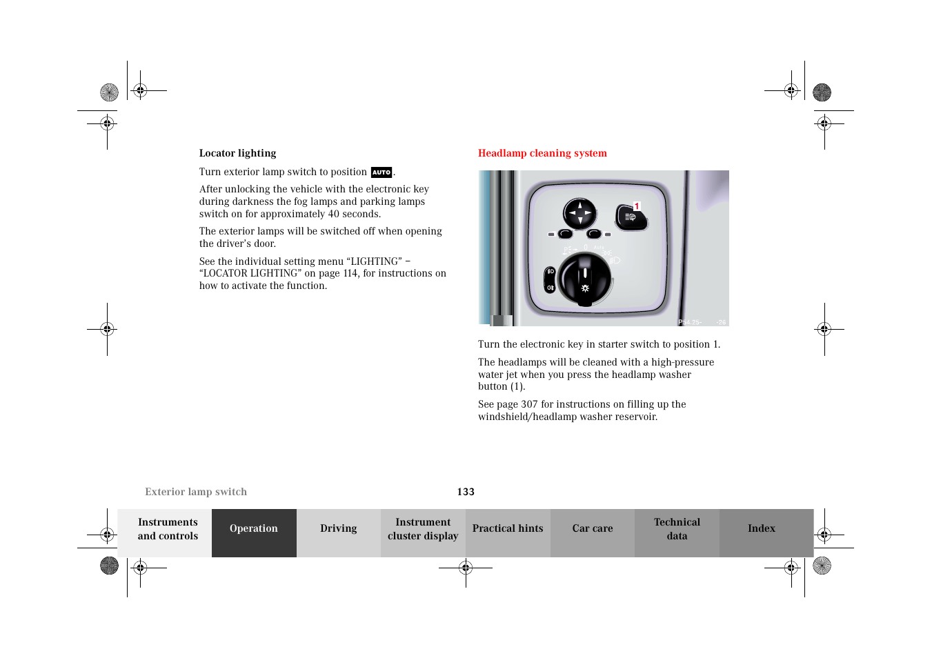 Locator lighting, Headlamp cleaning system | Mercedes-Benz 2002 G-Class User Manual | Page 136 / 385