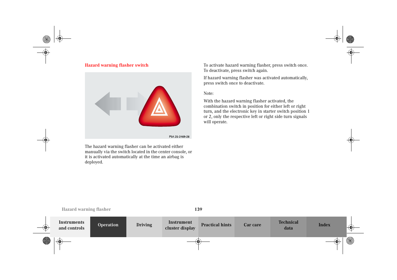 Hazard warning flasher, Hazard warning flasher switch | Mercedes-Benz 2002 G-Class User Manual | Page 142 / 385