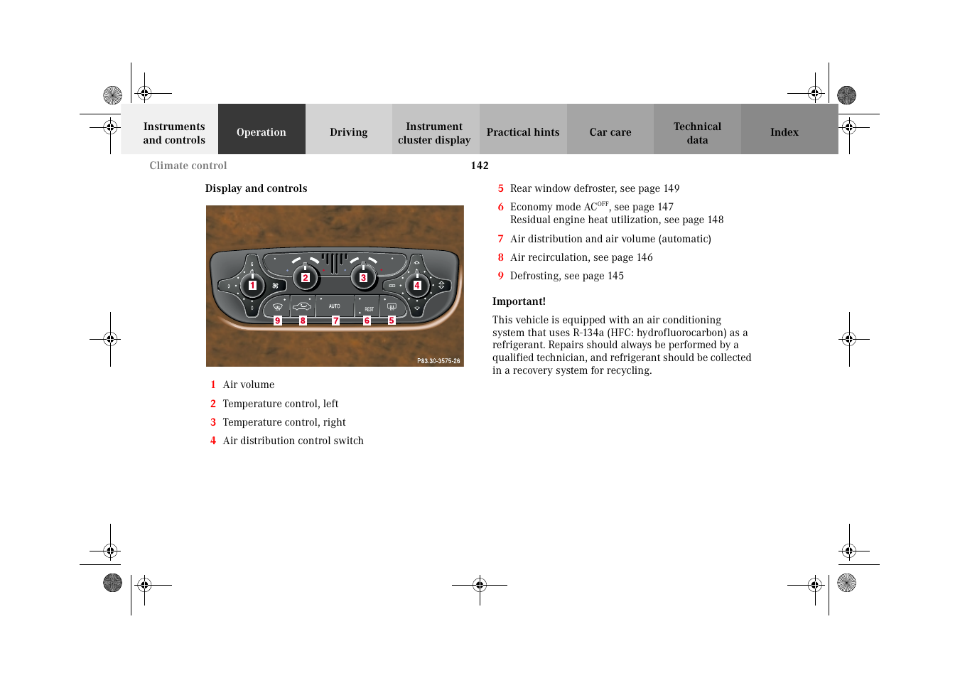 Climate control:display and controls | Mercedes-Benz 2002 G-Class User Manual | Page 145 / 385