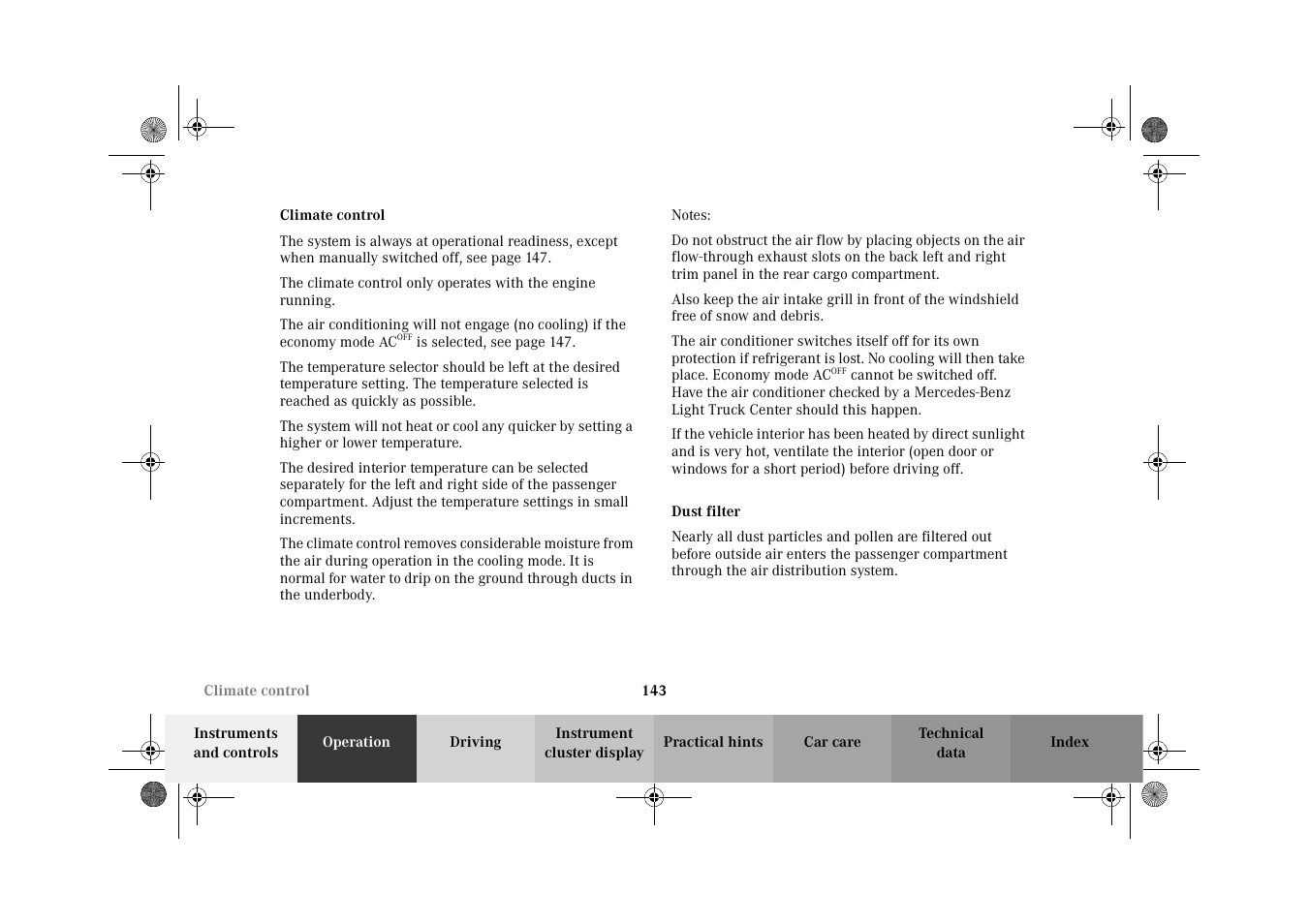 Climate control, Climate control:dust filter | Mercedes-Benz 2002 G-Class User Manual | Page 146 / 385
