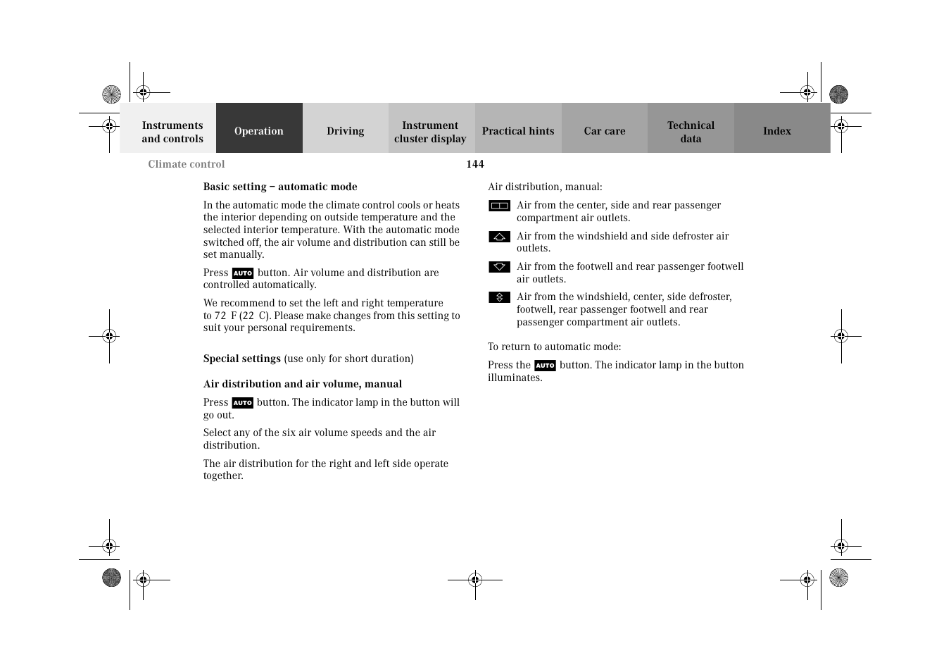 Climate control:basic setting, Climate control:special settings | Mercedes-Benz 2002 G-Class User Manual | Page 147 / 385