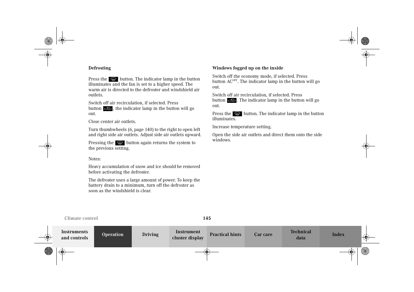 Climate control:defrosting, Climate control:windows fogged up on the inside | Mercedes-Benz 2002 G-Class User Manual | Page 148 / 385