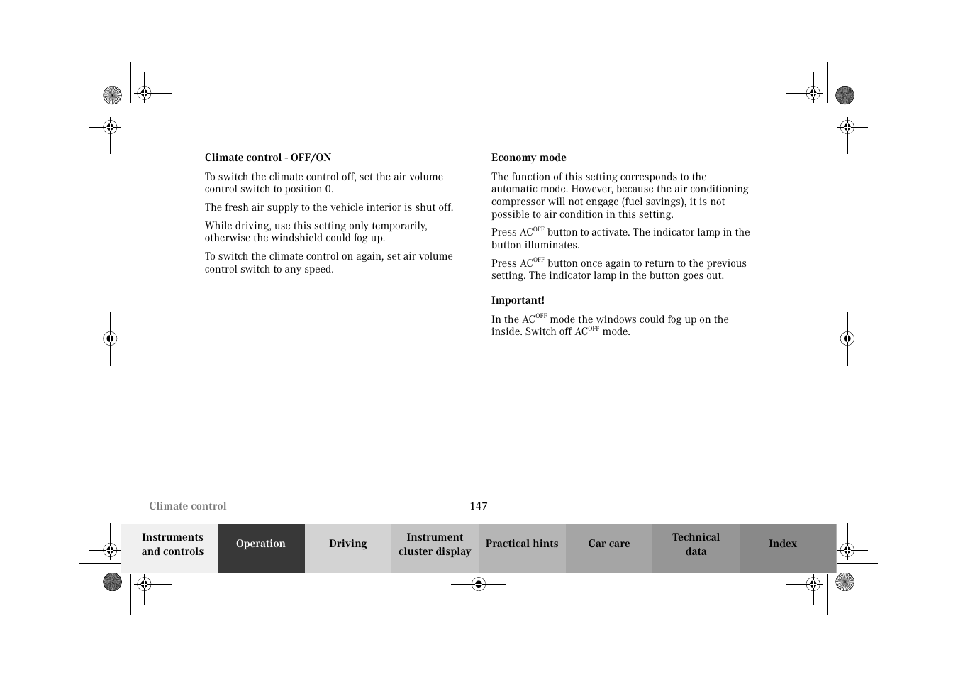 Climate control  off/on, Climate control:economy mode | Mercedes-Benz 2002 G-Class User Manual | Page 150 / 385