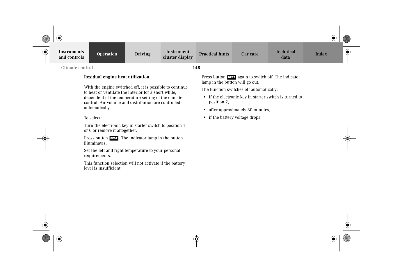 Climate control:residual engine heat utilization | Mercedes-Benz 2002 G-Class User Manual | Page 151 / 385