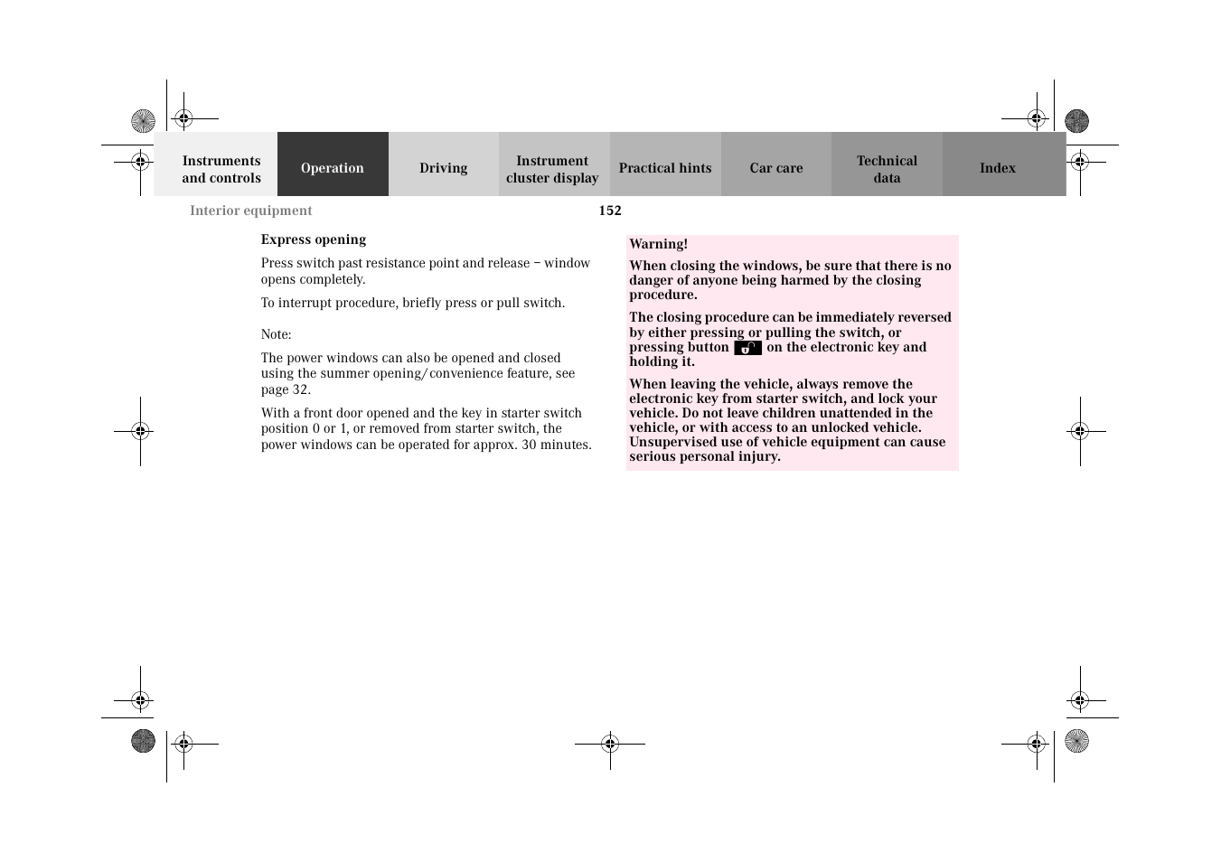 Power windows:express opening | Mercedes-Benz 2002 G-Class User Manual | Page 155 / 385