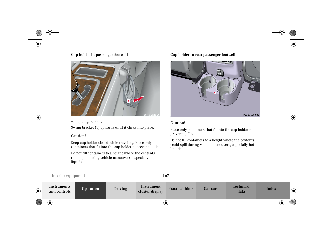 Cup holder:in passenger footwell, Cup holder:rear passenger footwell | Mercedes-Benz 2002 G-Class User Manual | Page 170 / 385