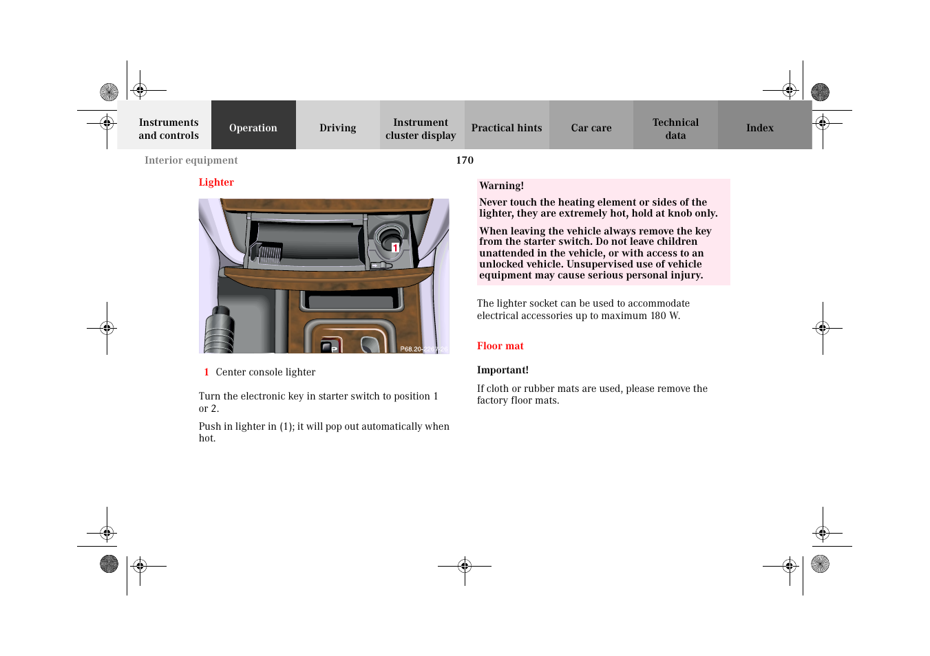 Lighter, Floor mat, Lighter floor mat | Mercedes-Benz 2002 G-Class User Manual | Page 173 / 385