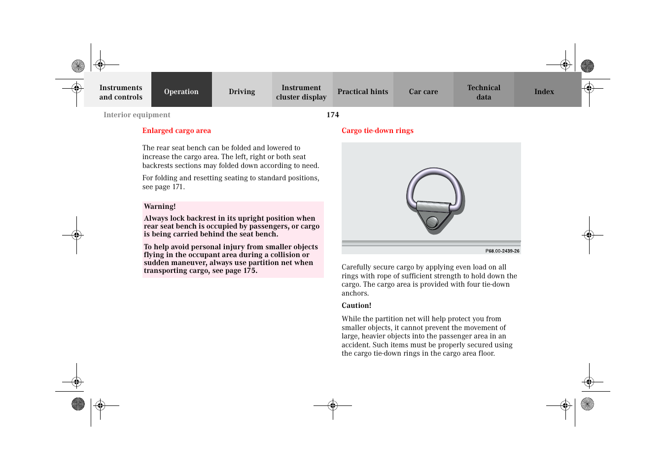 Enlarged cargo area, Cargo tie-down rings, Enlarged cargo area cargo tie-down rings | Mercedes-Benz 2002 G-Class User Manual | Page 177 / 385
