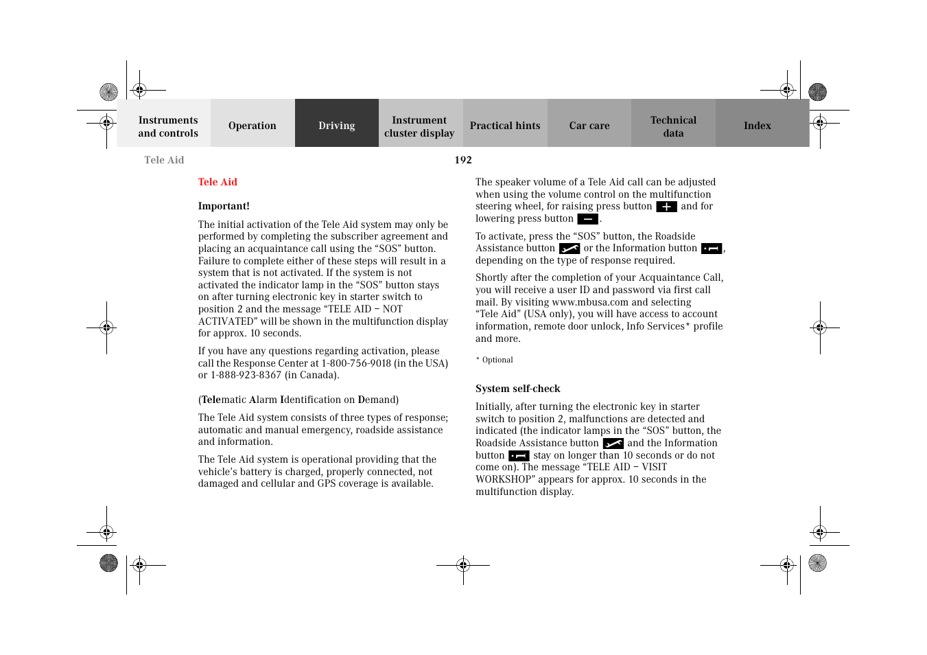 Tele aid, System self-check | Mercedes-Benz 2002 G-Class User Manual | Page 195 / 385