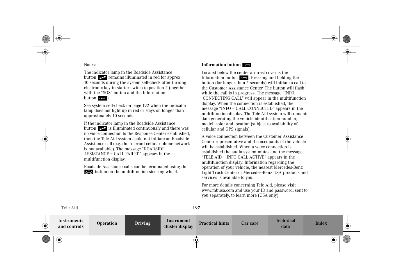 Tele aid:information | Mercedes-Benz 2002 G-Class User Manual | Page 200 / 385