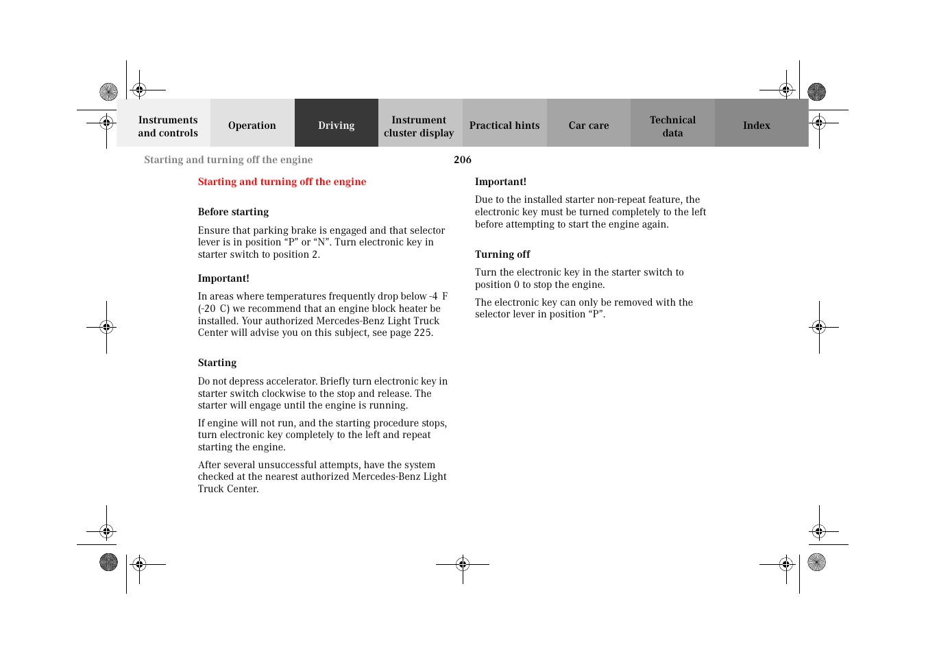 Starting and turning off the engine, Before starting, Starting | Turning off, Starting and turning off, The engine | Mercedes-Benz 2002 G-Class User Manual | Page 209 / 385